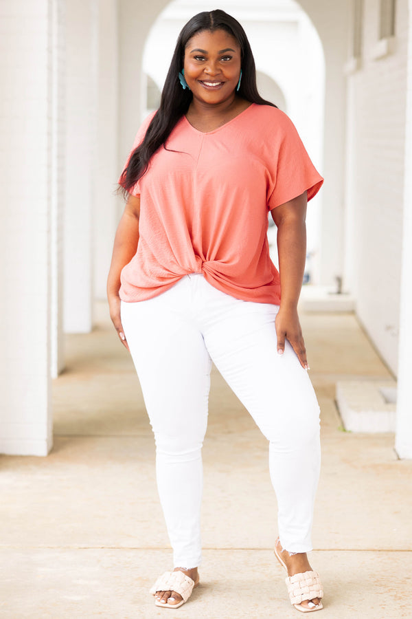 Chic Soul plus size clothing, melon pink colored top with knotted hemline