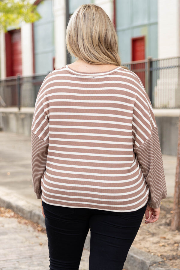 Plus Size mocha and white striped long sleeve top with a high neckline and relaxed fit.