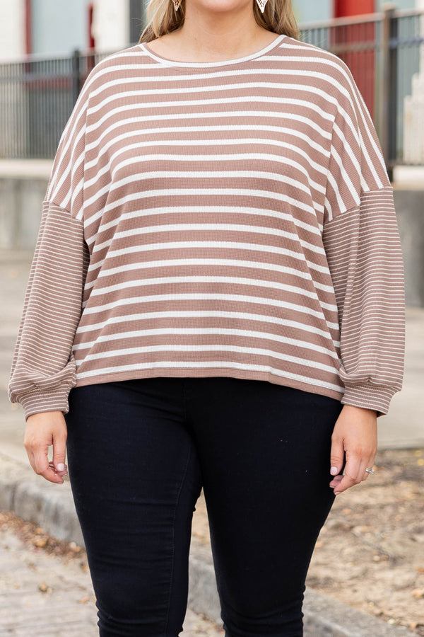 Plus Size mocha and white striped long sleeve top with a high neckline and relaxed fit.