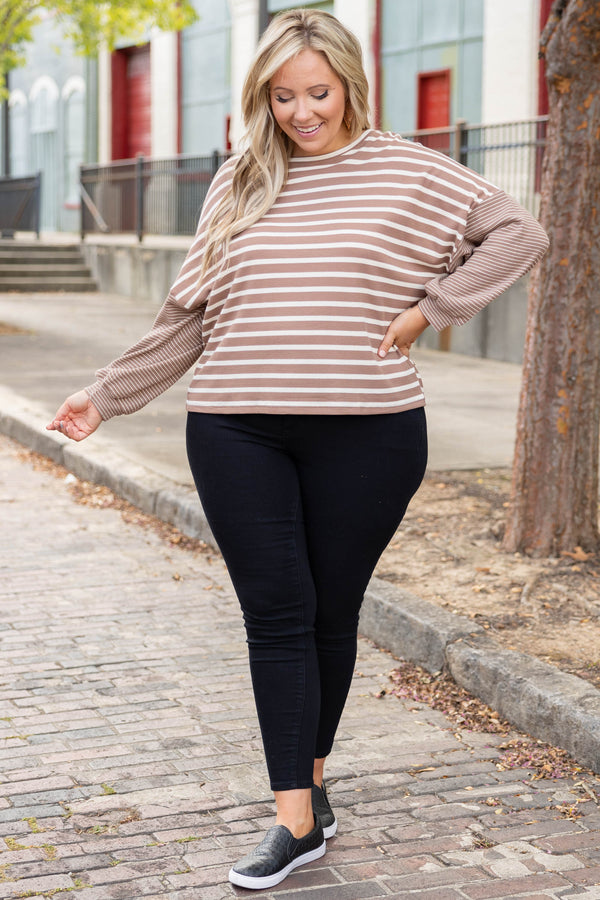 Plus Size mocha and white striped long sleeve top with a high neckline and relaxed fit.