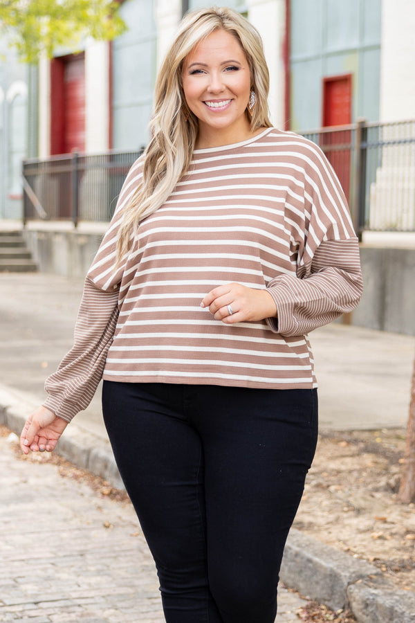 Plus Size mocha and white striped long sleeve top with a high neckline and relaxed fit.