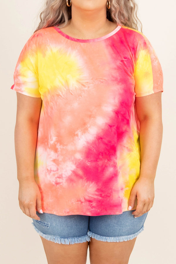 Chic Soul plus size clothing, yellow orange pink and white tye dye top