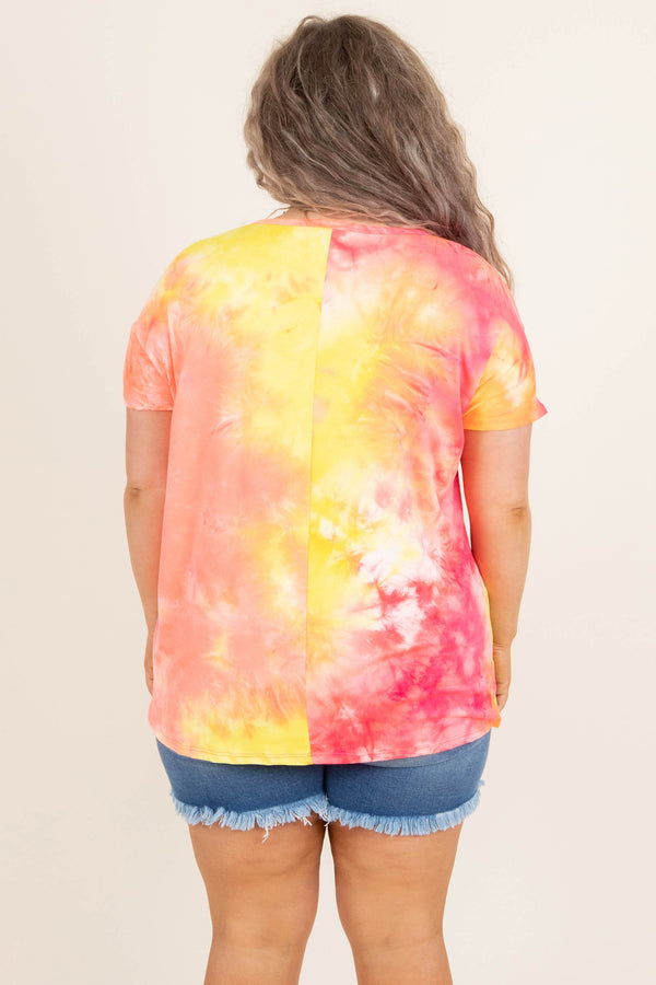 Chic Soul plus size clothing, yellow orange pink and white tye dye top