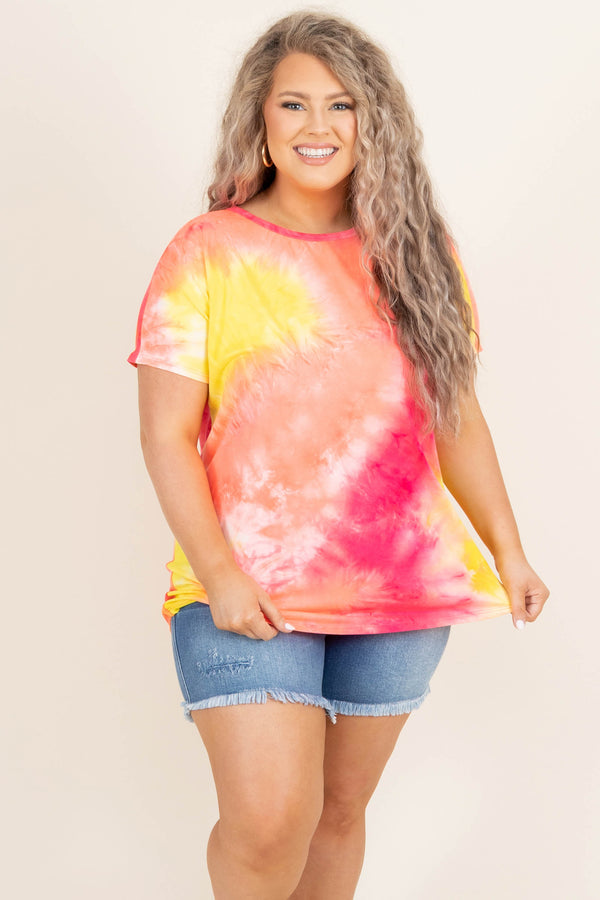 Chic Soul plus size clothing, yellow orange pink and white tye dye top