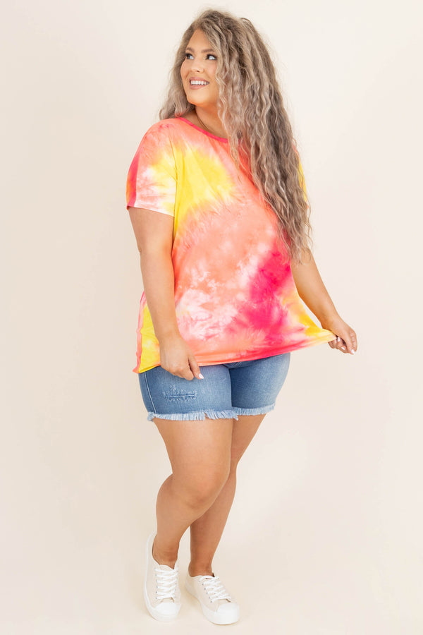Chic Soul plus size clothing, yellow orange pink and white tye dye top