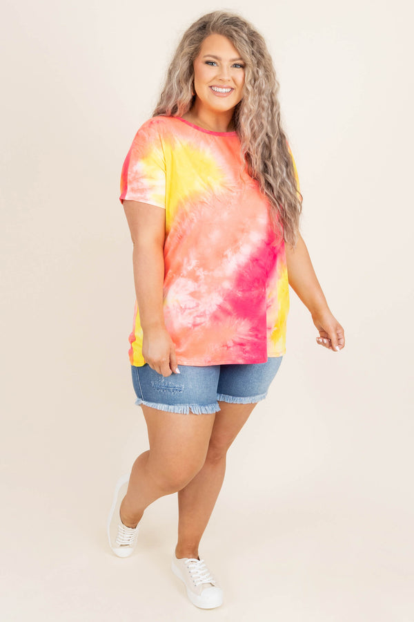 Chic Soul plus size clothing, yellow orange pink and white tye dye top