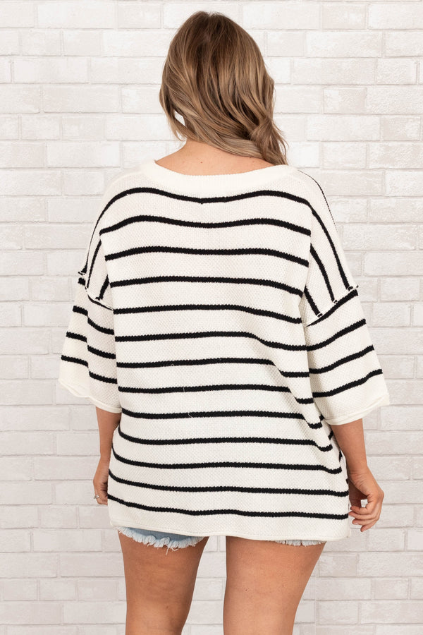 Chic Soul plus size clothing, ivory flowy top with black stripes and quarter length sleeves