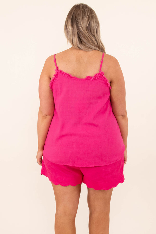 Chic Soul plus size clothing, hot pink casual tank with spaghetti straps and distressed detailing along neck line