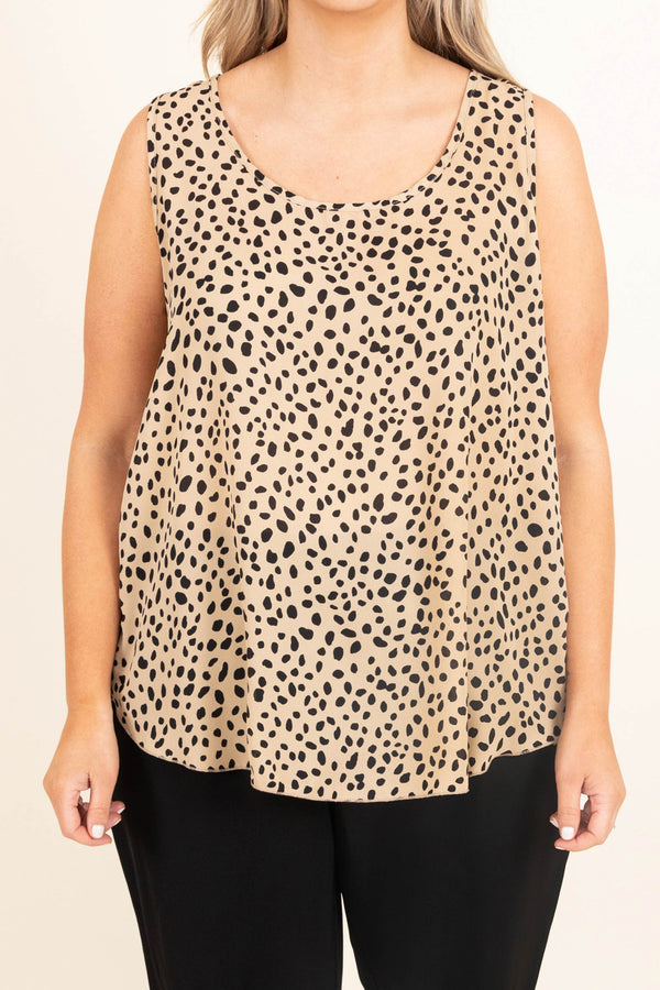 Chic Soul plus size clothing, taupe colored tank with black dotted pattern