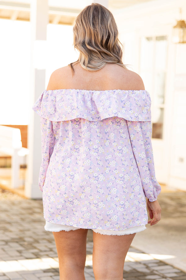 Chic Soul plus size clothing, lilac off the shoulder top with floral pattern