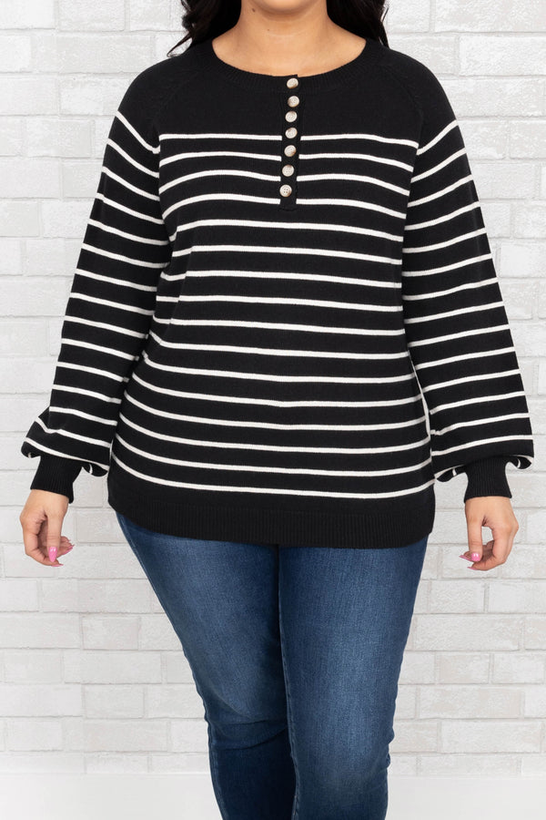 Chic Soul plus size clothing, black and white striped long sleeve shirt with buttons