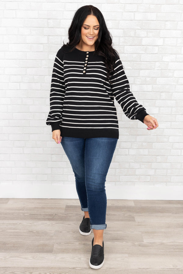 Chic Soul plus size clothing, black and white striped long sleeve shirt with buttons