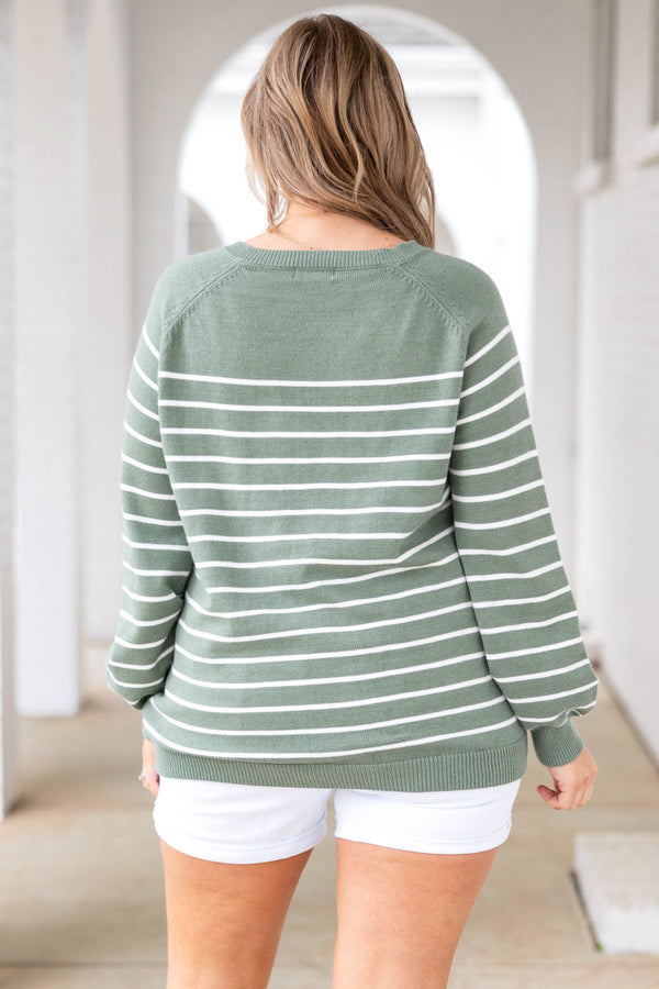 Chic Soul plus size clothing, green long sleeves knit top with white stripes