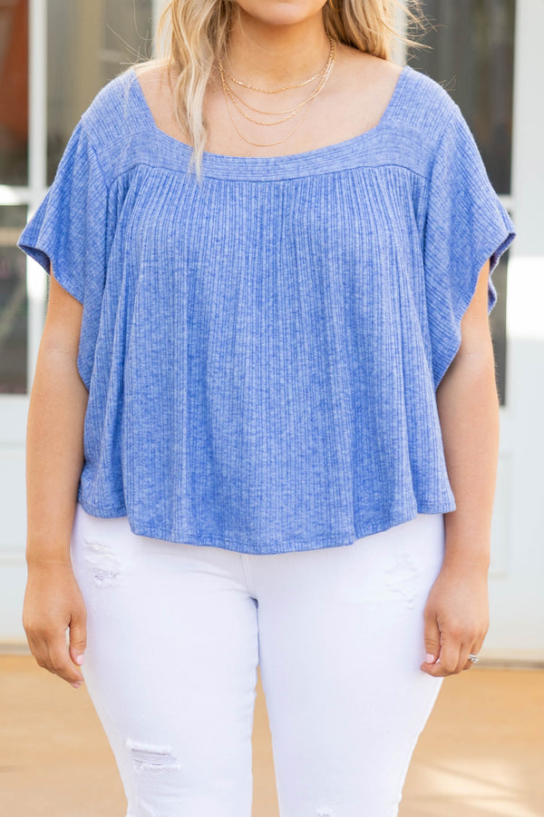 Chic Soul plus size clothing, royal blue square neck short bell sleeve casual top