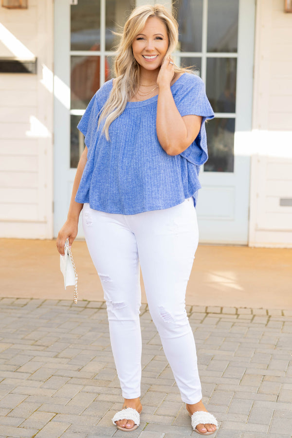 Chic Soul plus size clothing, royal blue square neck short bell sleeve casual top