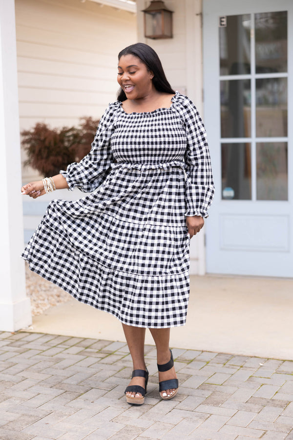 Chic Soul plus size clothing, black and white gingham pattern midi dress with smocked bodice