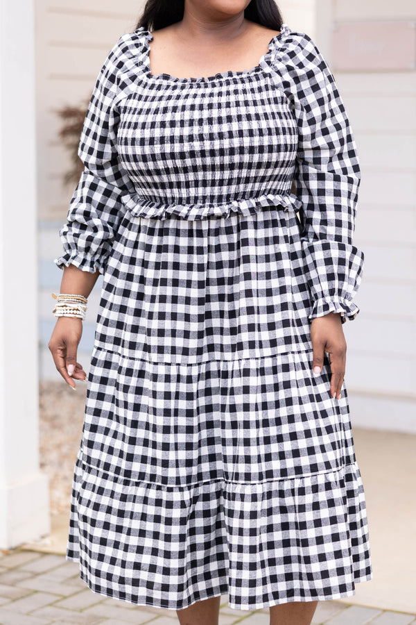 Chic Soul plus size clothing, black and white gingham pattern midi dress with smocked bodice