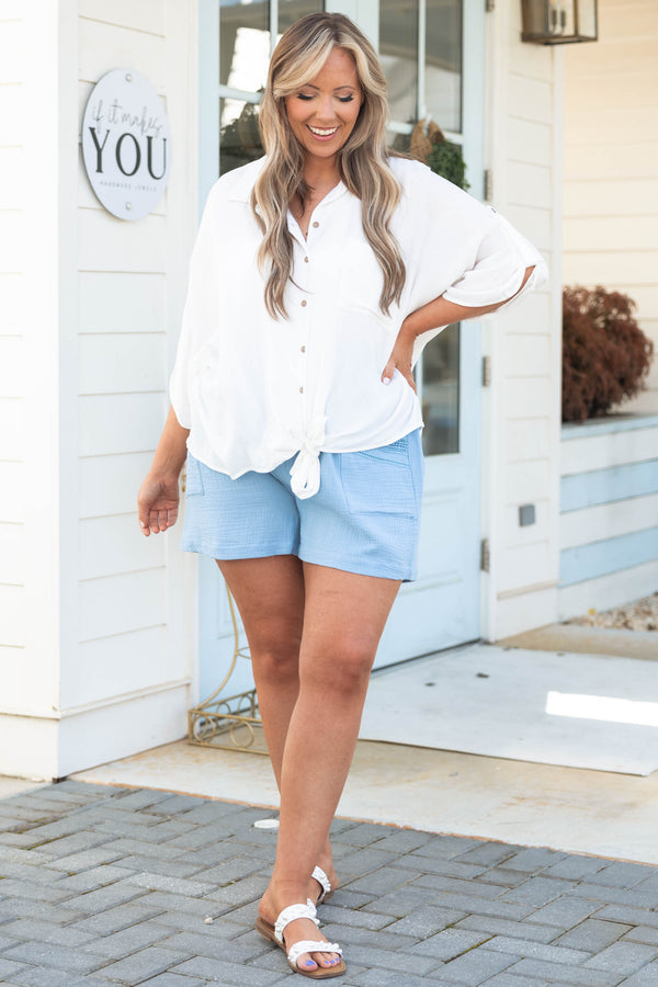 Chic Soul plus size clothing, off white button down top with tie at hemline