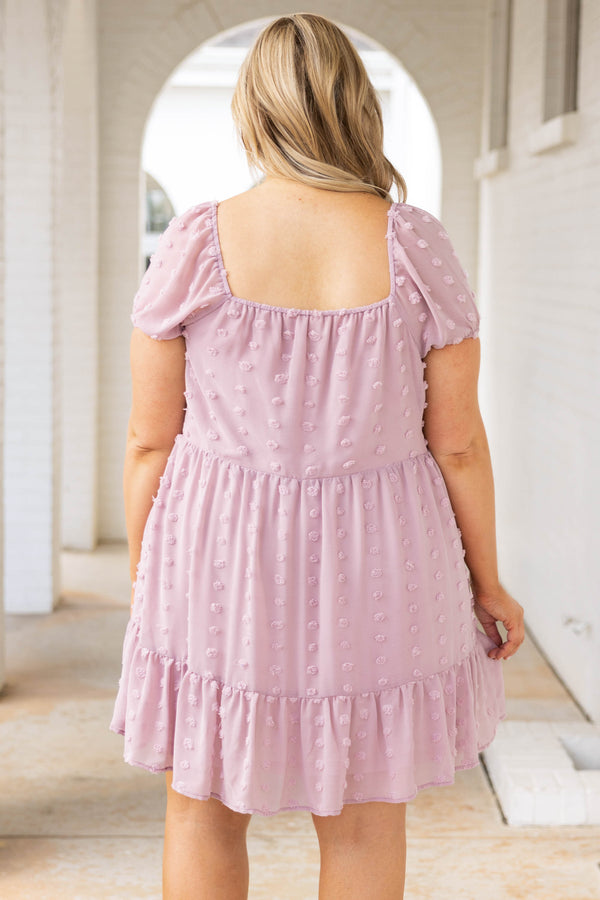 Chic Soul plus size clothing, dusty purple swiss dot style short sleeve babydoll dress