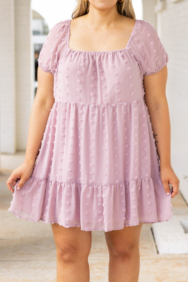 Chic Soul plus size clothing, dusty purple swiss dot style short sleeve babydoll dress