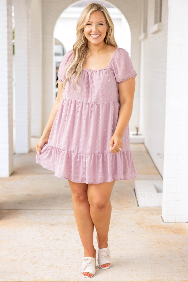 Chic Soul plus size clothing, dusty purple swiss dot style short sleeve babydoll dress