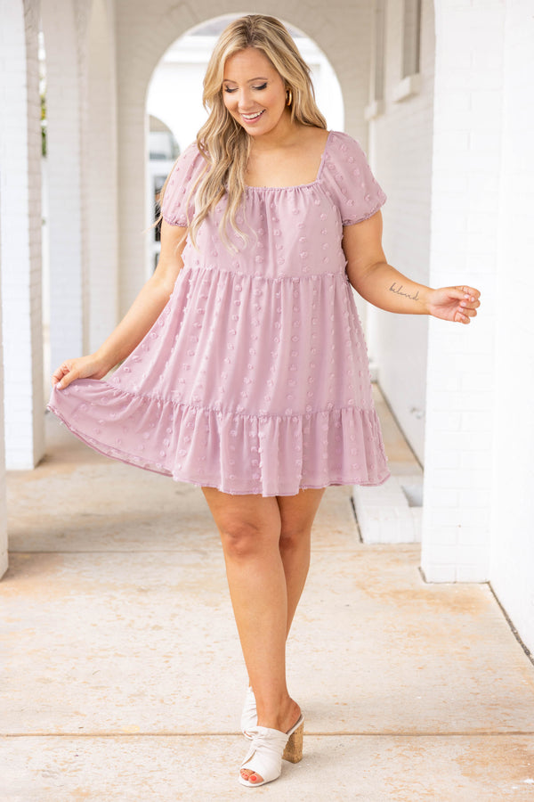 Chic Soul plus size clothing, dusty purple swiss dot style short sleeve babydoll dress