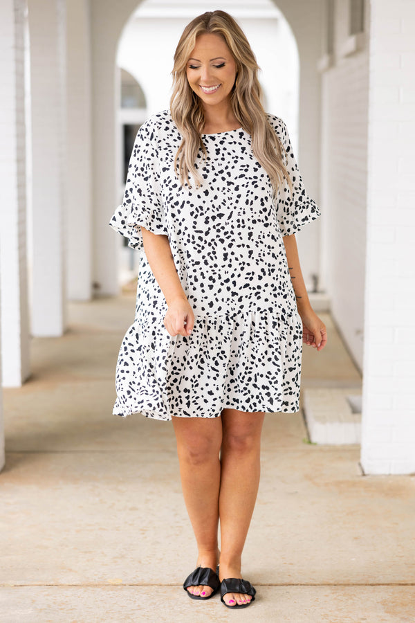 Chic Soul plus size clothing, ivory leopard pattern dress with ruffle sleeves and hemline