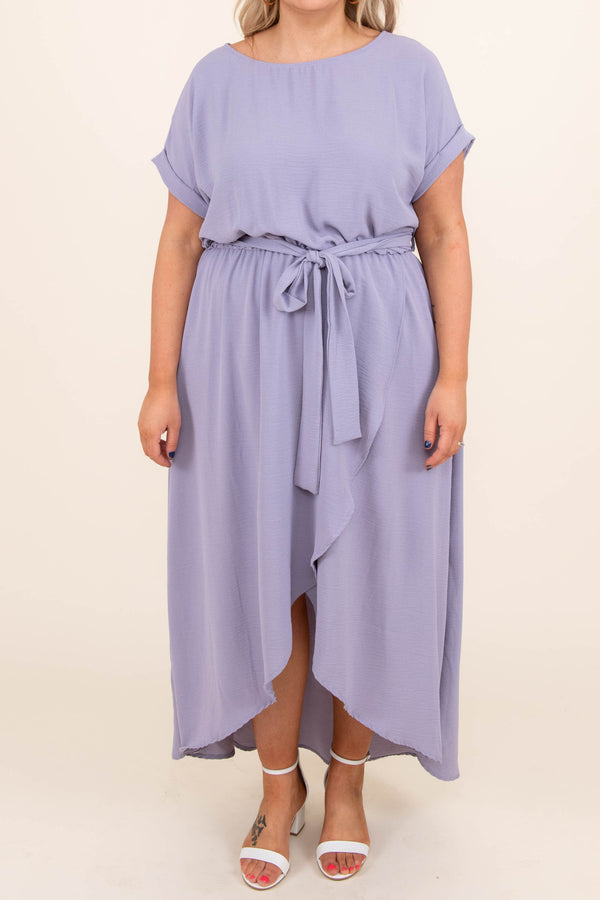 Chic Soul plus size clothing, lavender purple tie waist short sleeve midi dress