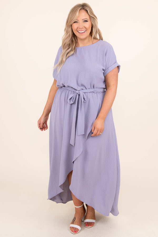 Chic Soul plus size clothing, lavender purple tie waist short sleeve midi dress