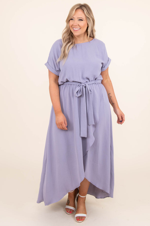 Chic Soul plus size clothing, lavender purple tie waist short sleeve midi dress