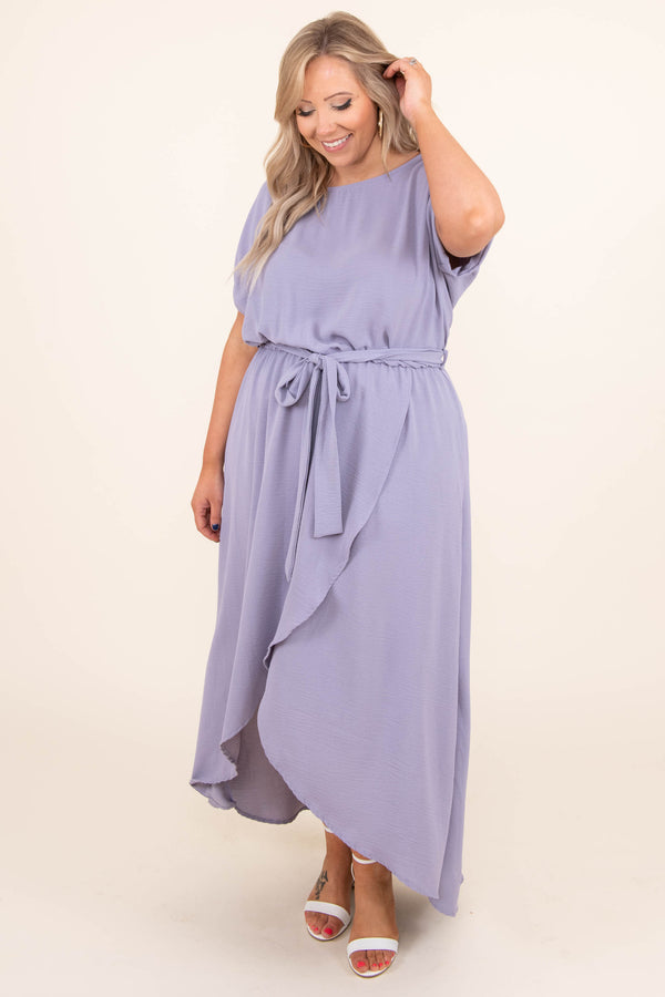 Chic Soul plus size clothing, lavender purple tie waist short sleeve midi dress