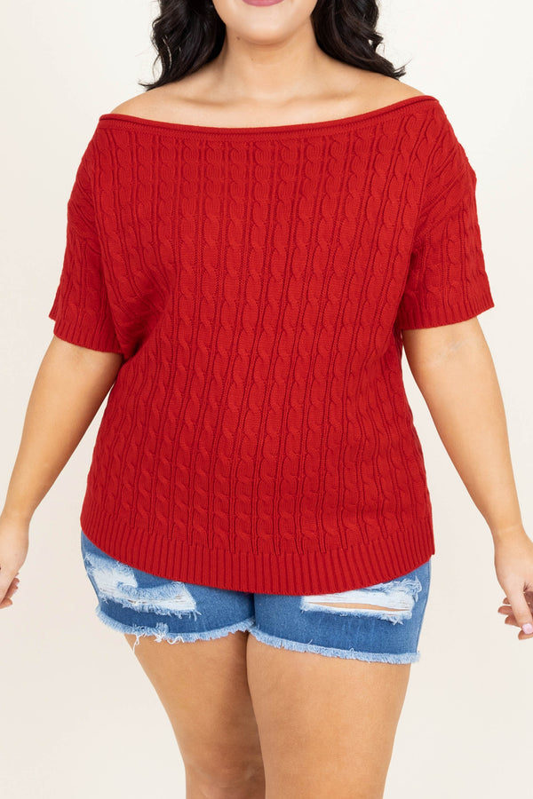 Chic Soul plus size clothing, red short sleeve wide neck sweater top