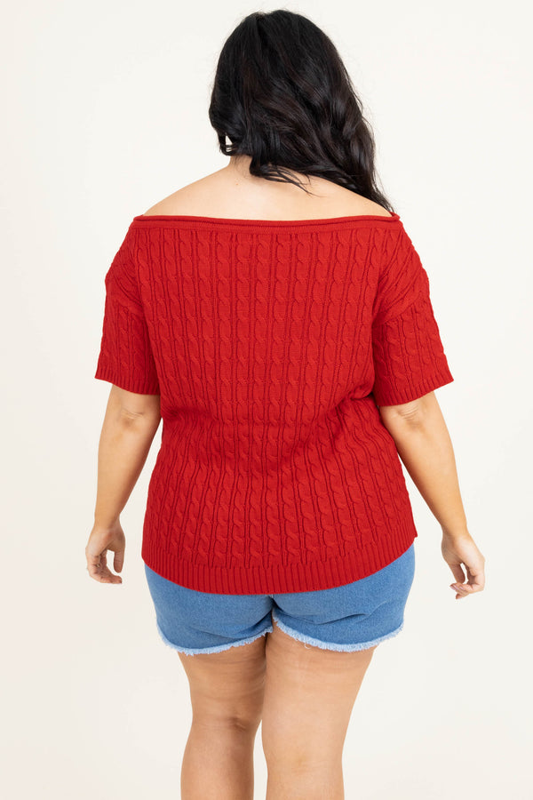 Chic Soul plus size clothing, red short sleeve wide neck sweater top