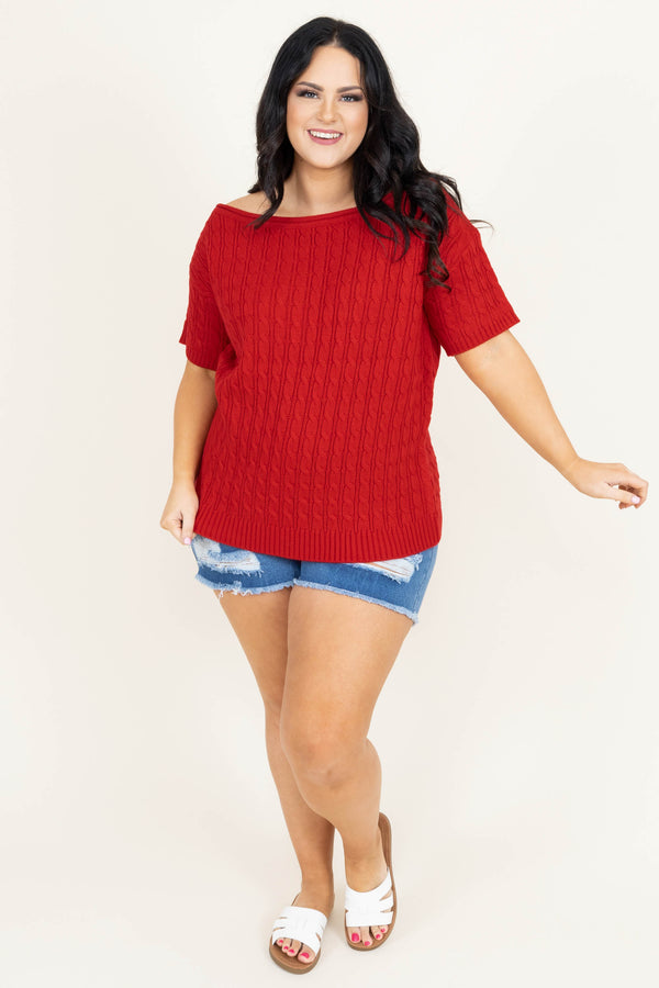 Chic Soul plus size clothing, red short sleeve wide neck sweater top