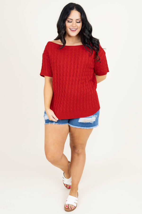 Chic Soul plus size clothing, red short sleeve wide neck sweater top