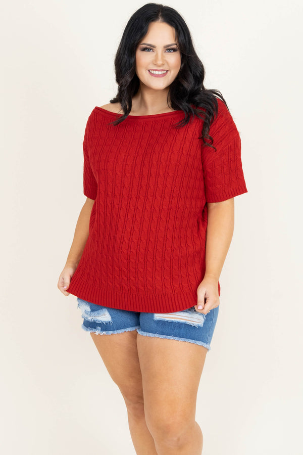 Chic Soul plus size clothing, red short sleeve wide neck sweater top 