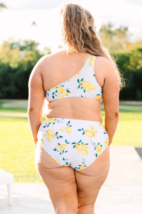 Chic Soul plus size clothing, white one shoulder swim top with yellow lemon print pattern