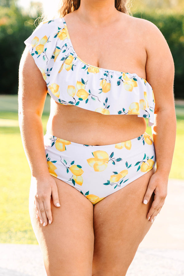 Chic Soul plus size clothing, white one shoulder swim top with yellow lemon print pattern