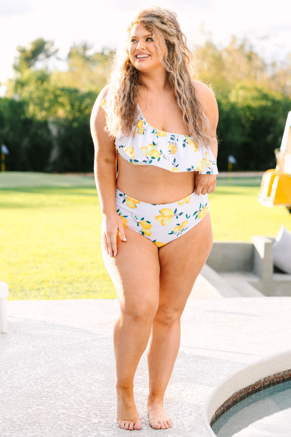 Chic Soul plus size clothing, white one shoulder swim top with yellow lemon print pattern