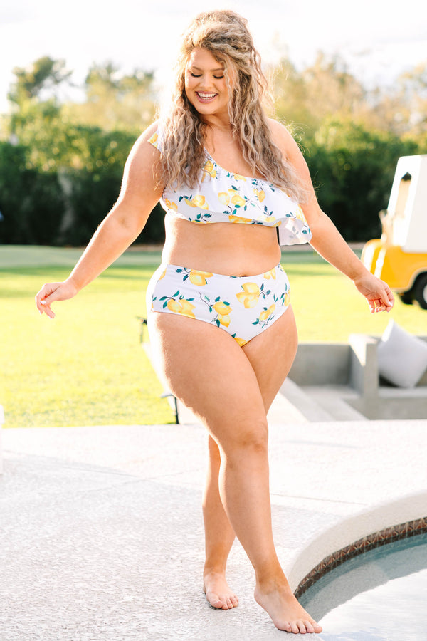Chic Soul plus size clothing, white one shoulder swim top with yellow lemon print pattern