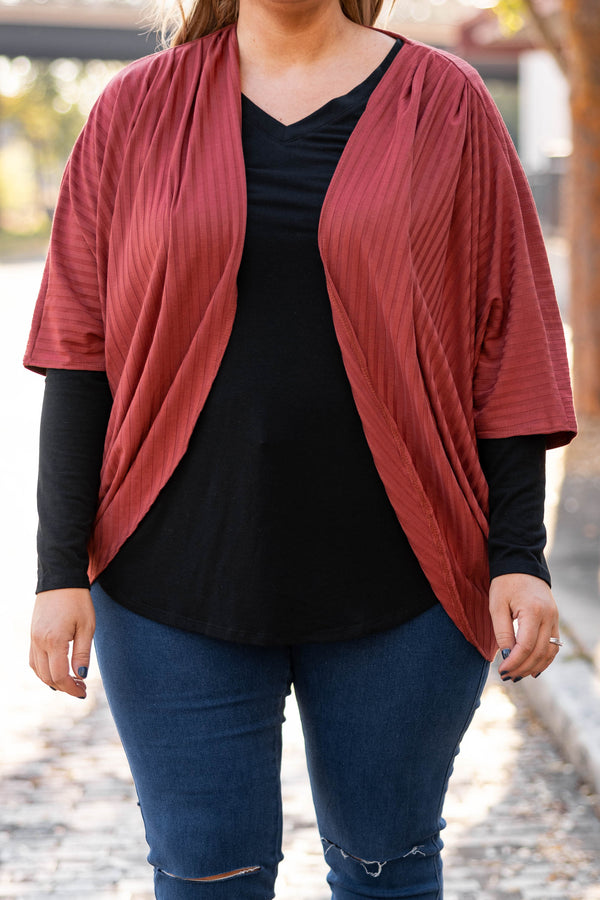 Chic Soul plus size clothing, rust solid half length sleeve cardigan