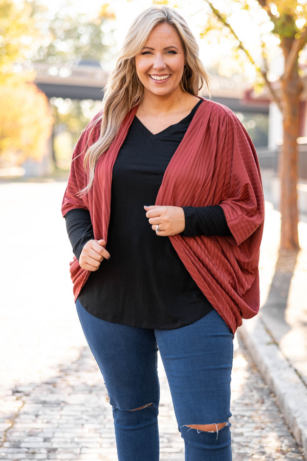 Chic Soul plus size clothing, rust solid half length sleeve cardigan