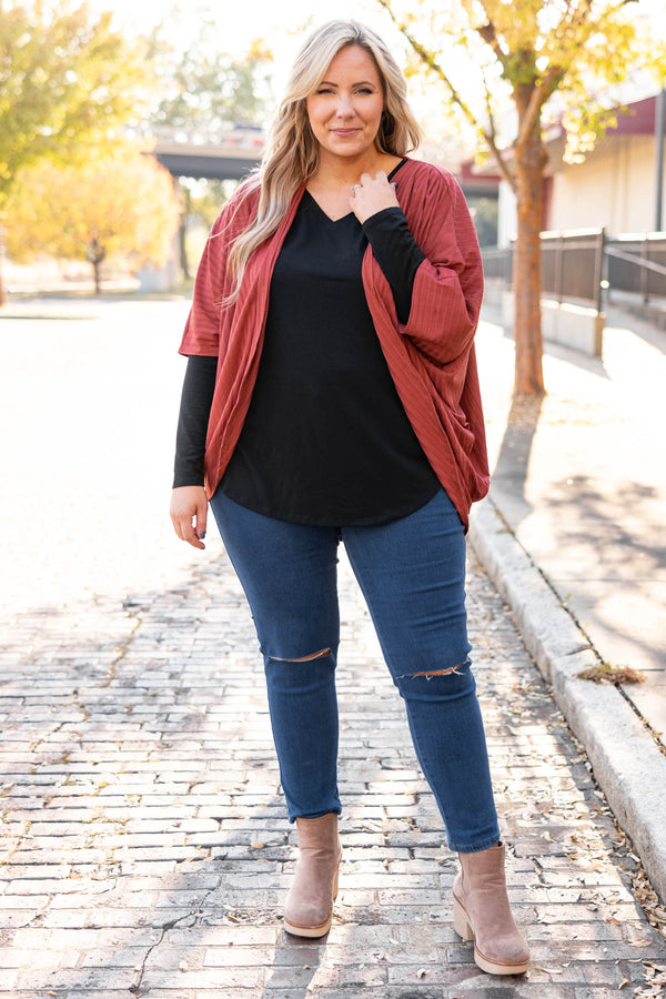 Chic Soul plus size clothing, rust solid half length sleeve cardigan