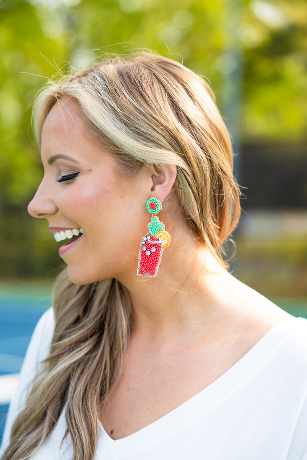 Chic Soul plus size clothing, beaded red drink with lemon dangle earrings