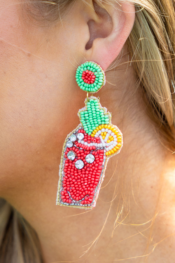 Chic Soul plus size clothing, beaded red drink with lemon dangle earrings