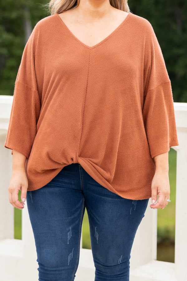 Chic Soul plus size clothing, camel solid three quarter length sleeve knot in the front top