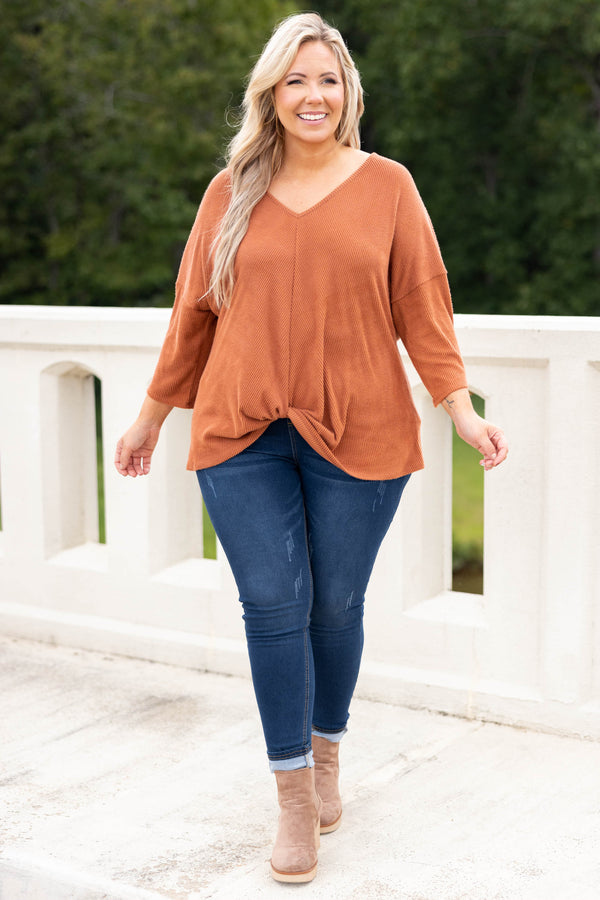 Chic Soul plus size clothing, camel solid three quarter length sleeve knot in the front top
