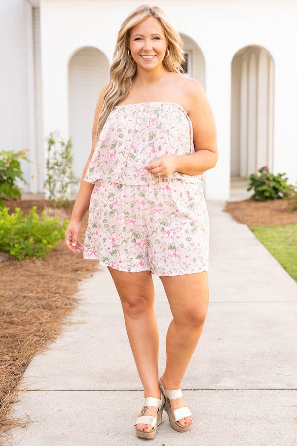 Chic Soul plus size clothing, blush floral strapless romper