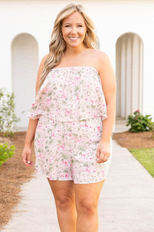 Chic Soul plus size clothing, blush floral strapless romper