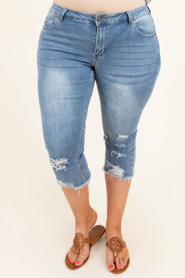 Chic Soul plus size clothing, light wash denim distressed frayed ends capri blue jean shorts					